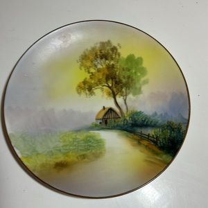 Vintage Hand-Painted 7-5/8" Plate, Japan, Thatched Roof cottage. Nippon. RARE